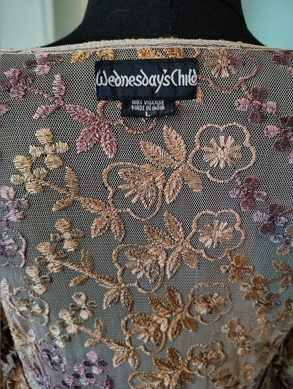 Wednesday's Child Mauve Gold Embroidery Floral Lace Dress Large Boho Vintage - Picture 12 of 16